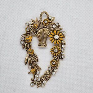 All My Baskets Brooch Pendant Oversized Floral Yellow Enamel Rhinestone